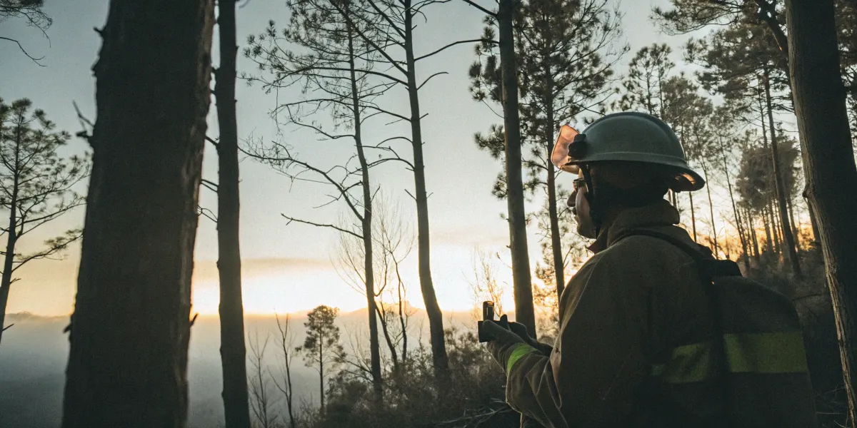 A professional performing a wildfire hazard assessment on a home's property.