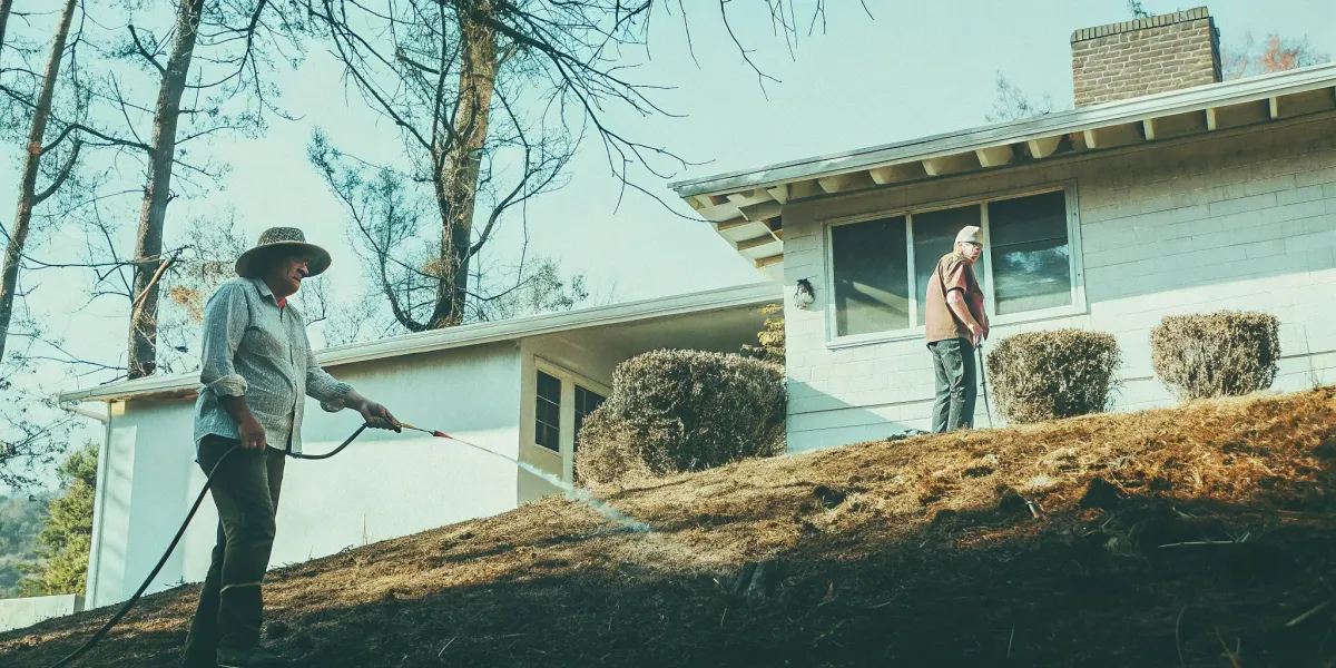 Home ignition zone assessment: Watering dry brush near house for wildfire safety.