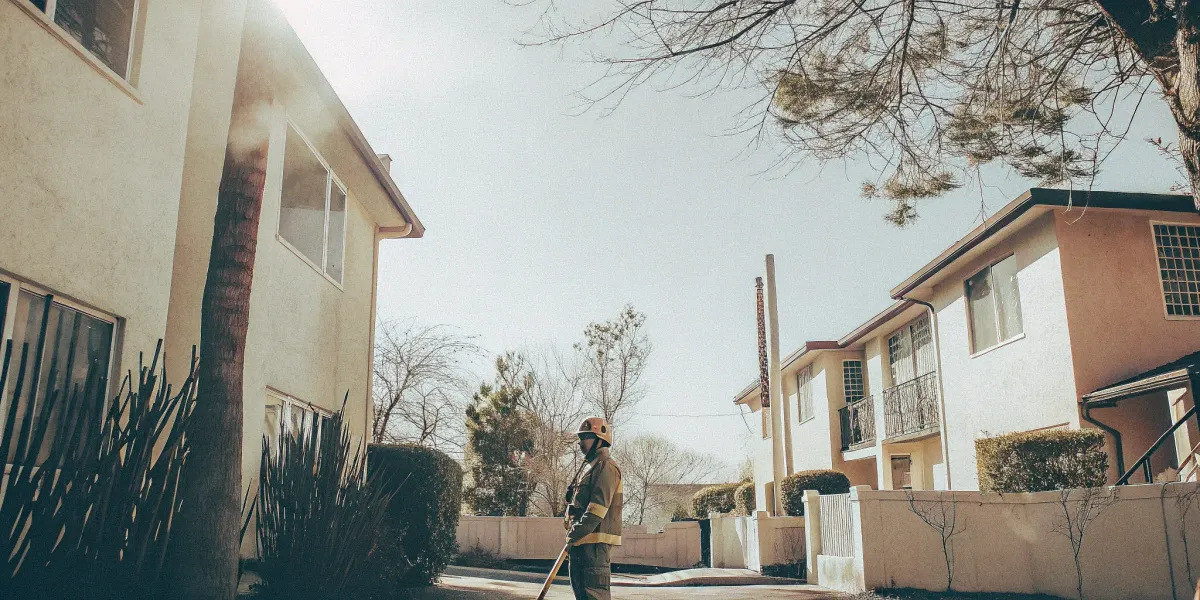 Firefighter near homes shows the challenge of getting home insurance in a wildfire zone.