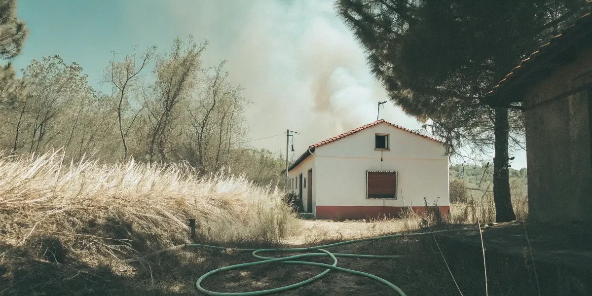 A home with a high wildfire risk score, surrounded by dry grass with smoke in the background.