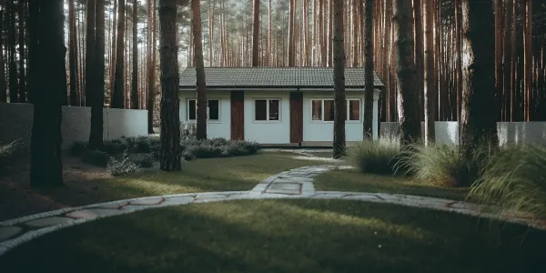 A modern home with its yard landscaped into the three FireSmart ignition zones.