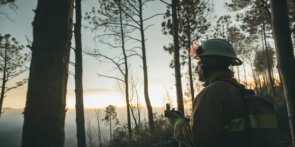 A professional performing a wildfire hazard assessment on a home's property.