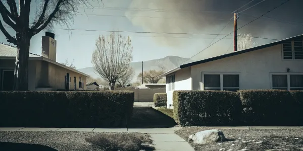 Wildfire smoke behind suburban homes, a key part of a homeowner hazard assessment.