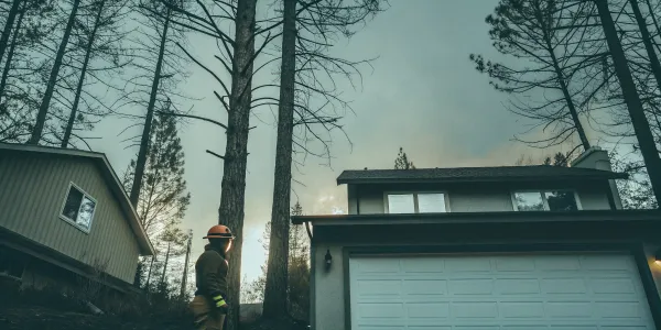 A home inspection professional evaluates a property's exterior for fire risk.