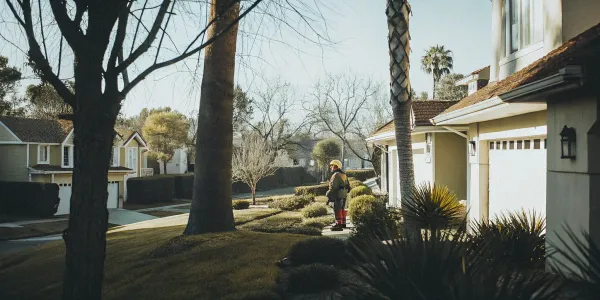 Inspector using a checklist for a wildfire home insurance inspection of a property's exterior.